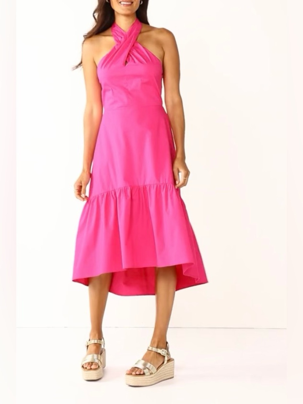 Bright Pink Halter Midi Dress